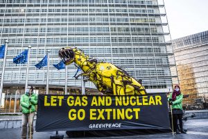 Nucleare. Brussels, 7 December 2021 – Greenpeace Belgium activists have installed a giant dinosaur outside the headquarters of the European Commission and European Council in Brussels, to protest against the possible inclusion of fossil gas and nuclear energy in the EU’s taxonomy, or guidelines for sustainable investments. 