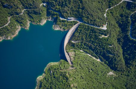 Aerial view, dam of Diga di Ponte Cola -Valvestino, Lake Valvestino, Italy. 